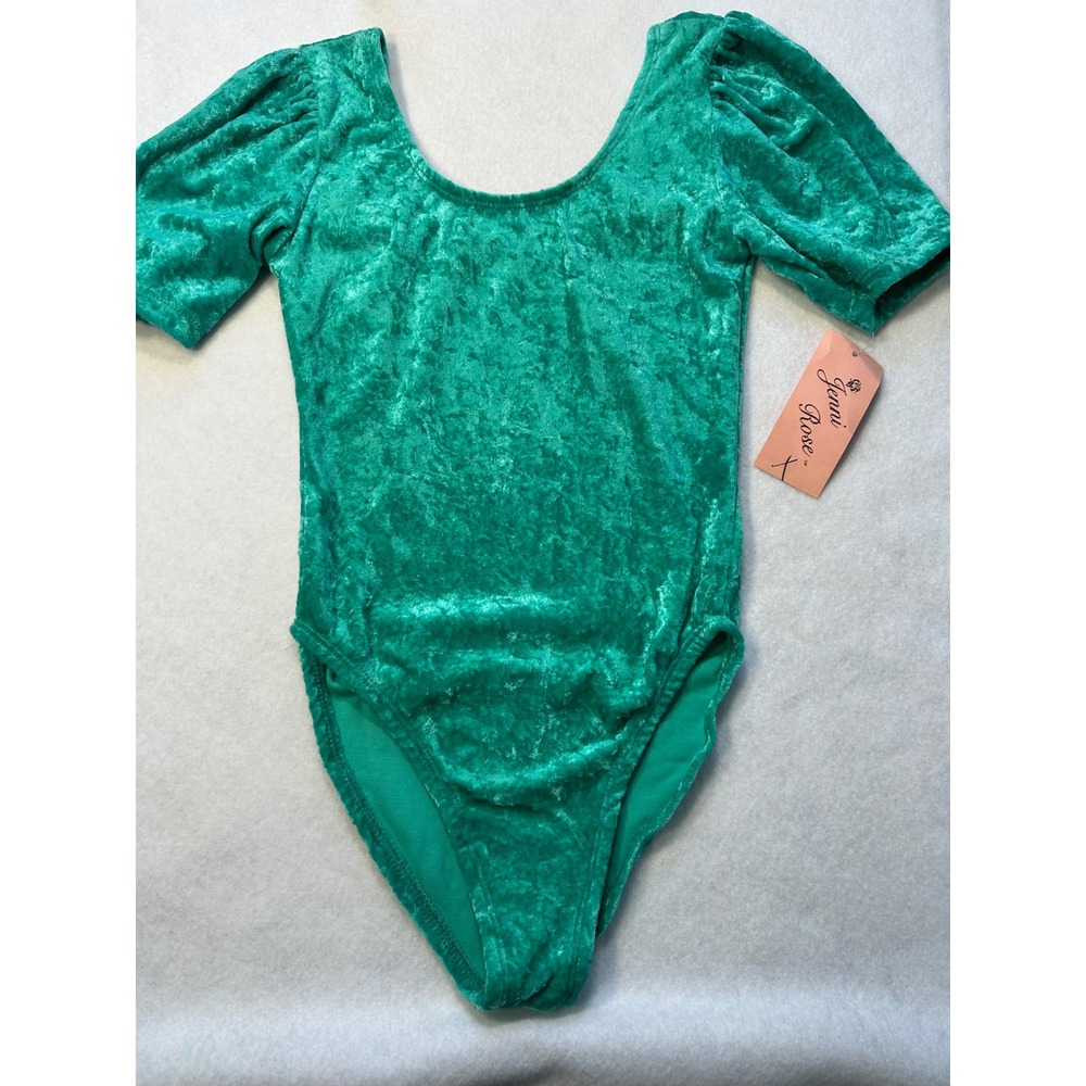 Jenni Rose Girls Green Crushed Velvet Leotard Puff Sleeve Dance Gymnastics 12-14